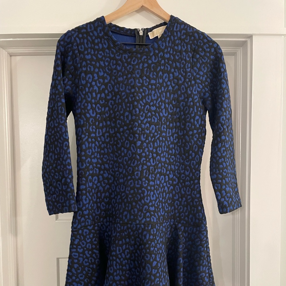 Michael Kors black and blue leopard print fitted and flare dress